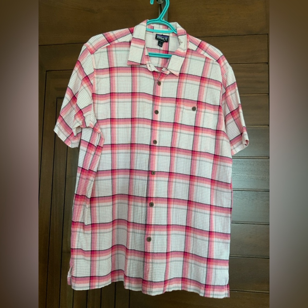PATAGONIA Men 's Pink & White Plaid Shirt, Sz L